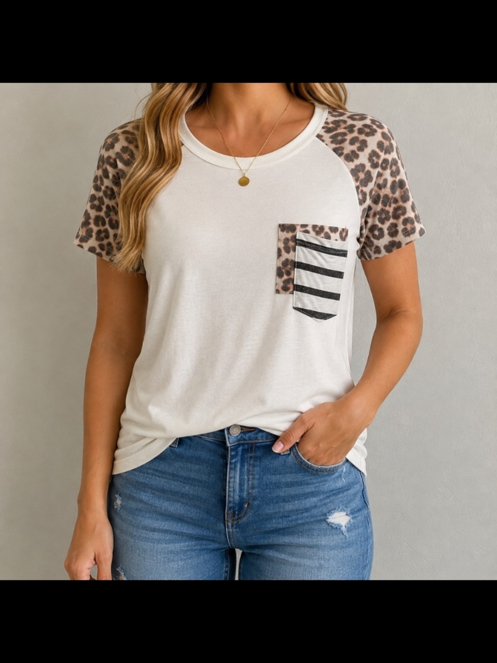 Pink Lily Cream Tee with Leopard Raglan Sleeves and Striped Pocket